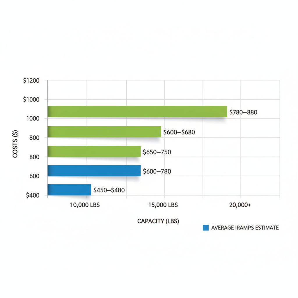 Horizontal bar chart illustrating monthly yard ramp rental costs by capacity, comparing industry averages and Medlin Ramps pricing.