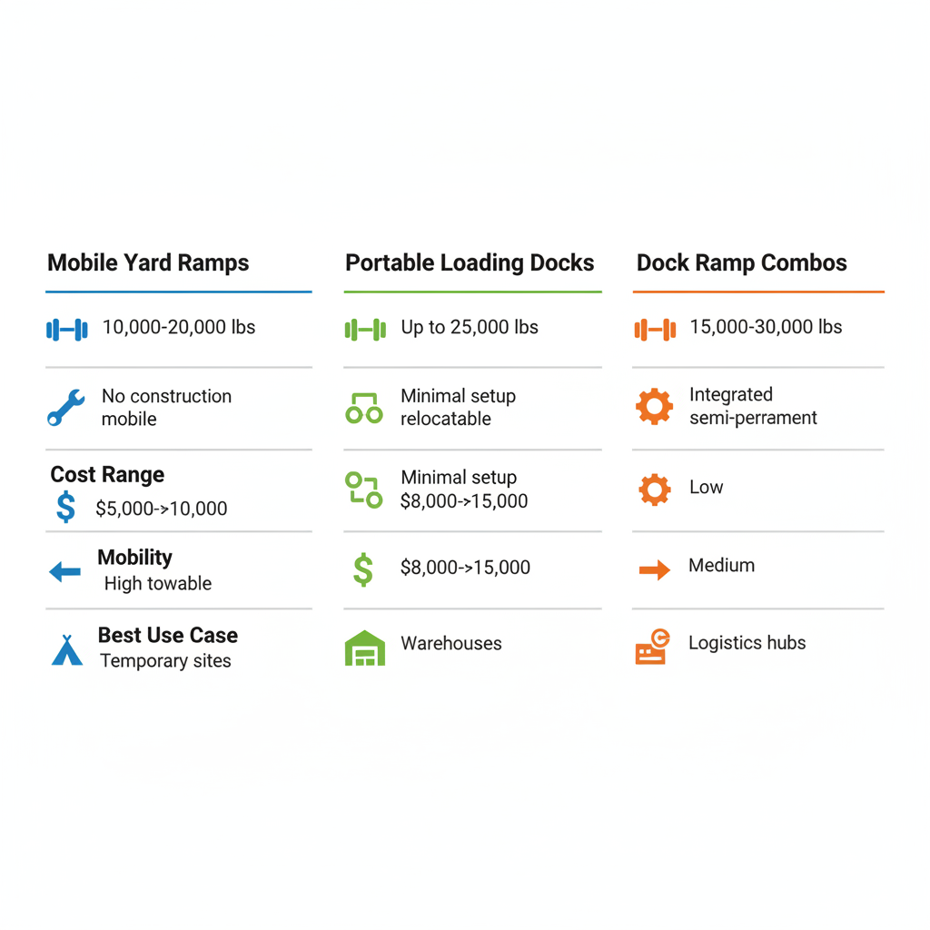 Infographic comparison chart of three no-dock loading solutions: Mobile Yard Ramps in blue, Portable Loading Docks in green, and Dock Ramp Combos in orange, showing capacity, installation, cost, mobility, and use cases.