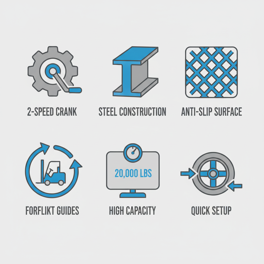 Grid of icons showing features of mobile yard ramps including crank, steel build, anti-slip, guides, capacity, and mobility