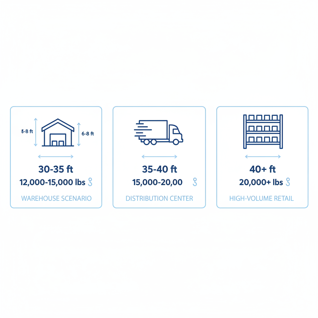 Infographic illustrating ramp sizing guidelines for small warehouse, distribution center, and high-volume retail with specific length, width, and capacity metrics.