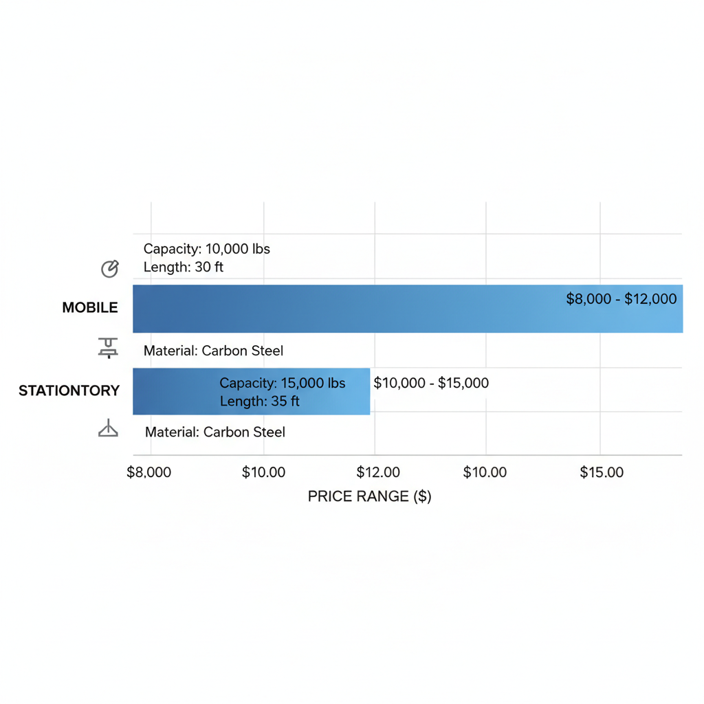 Horizontal bar chart comparing mobile and stationary yard ramps by price range, capacity, length, and material using industrial benchmarks.