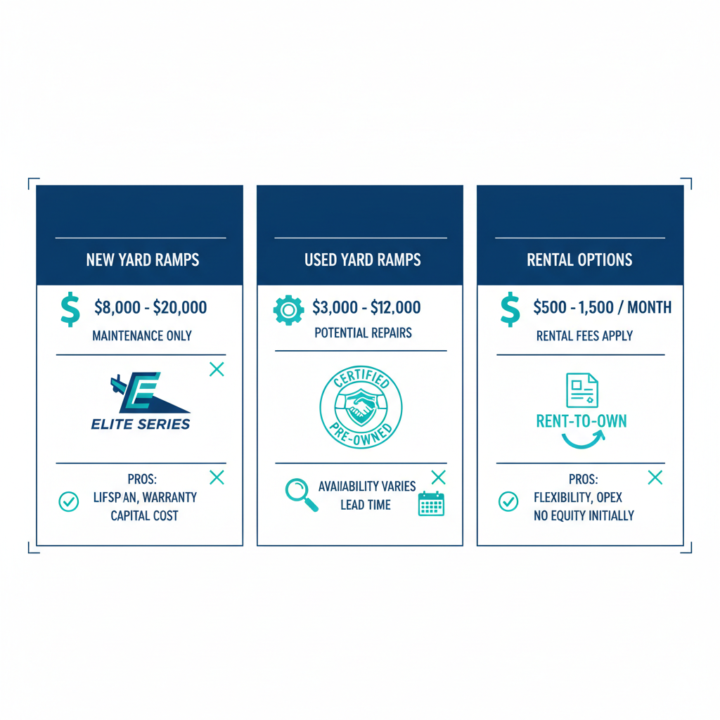 Infographic comparing new, used, and rental yard ramp options with costs and features.