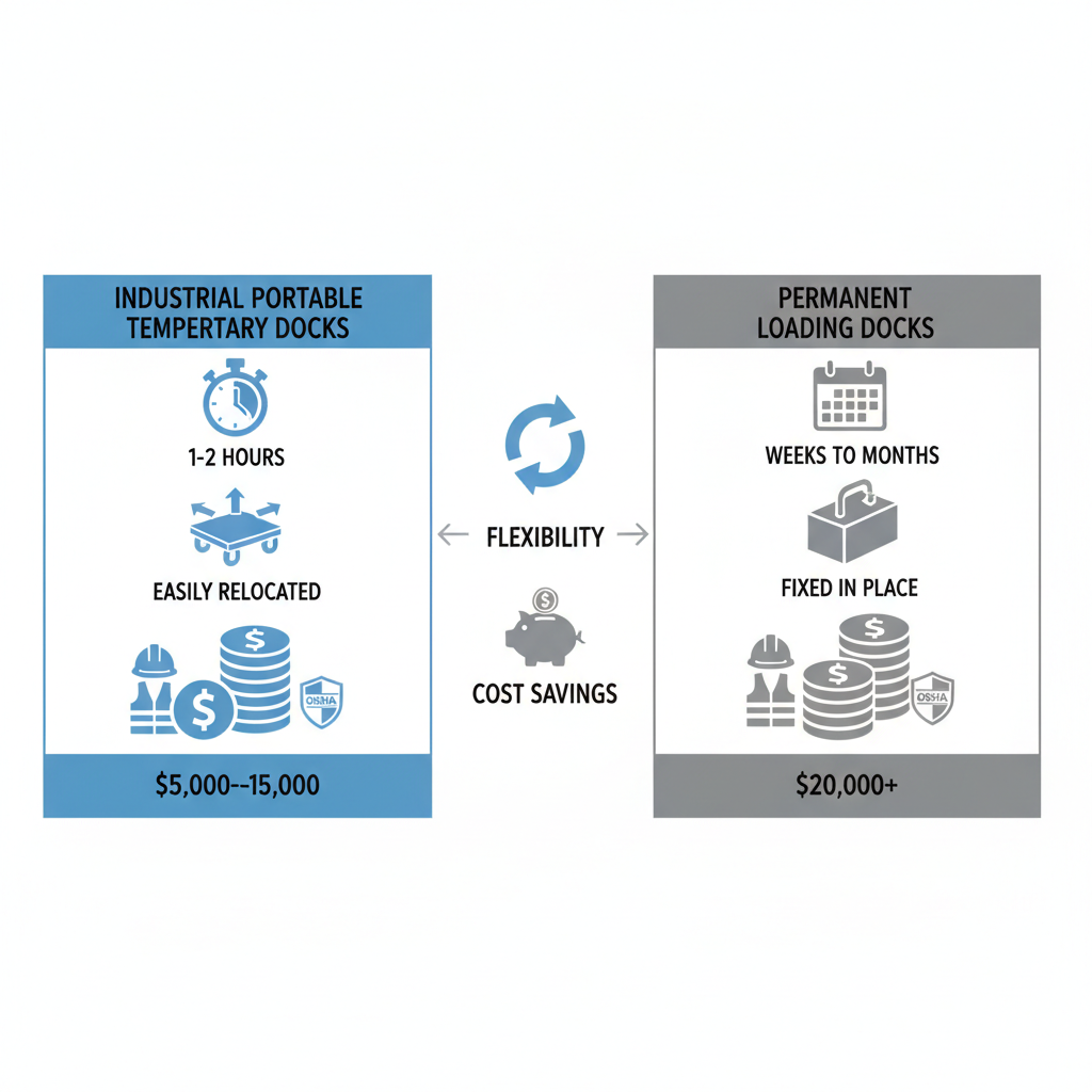 Infographic comparing features, installation, mobility, costs, and benefits of portable temporary docks versus permanent loading docks with safety icons.