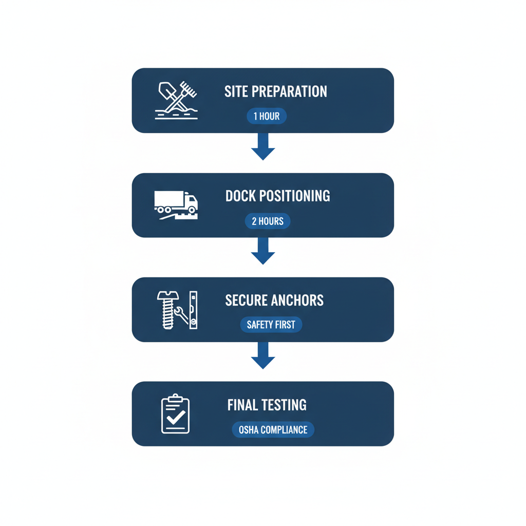 Vertical process flow diagram illustrating the four-step installation of a portable temporary dock with icons for site preparation, positioning, securing, and testing.