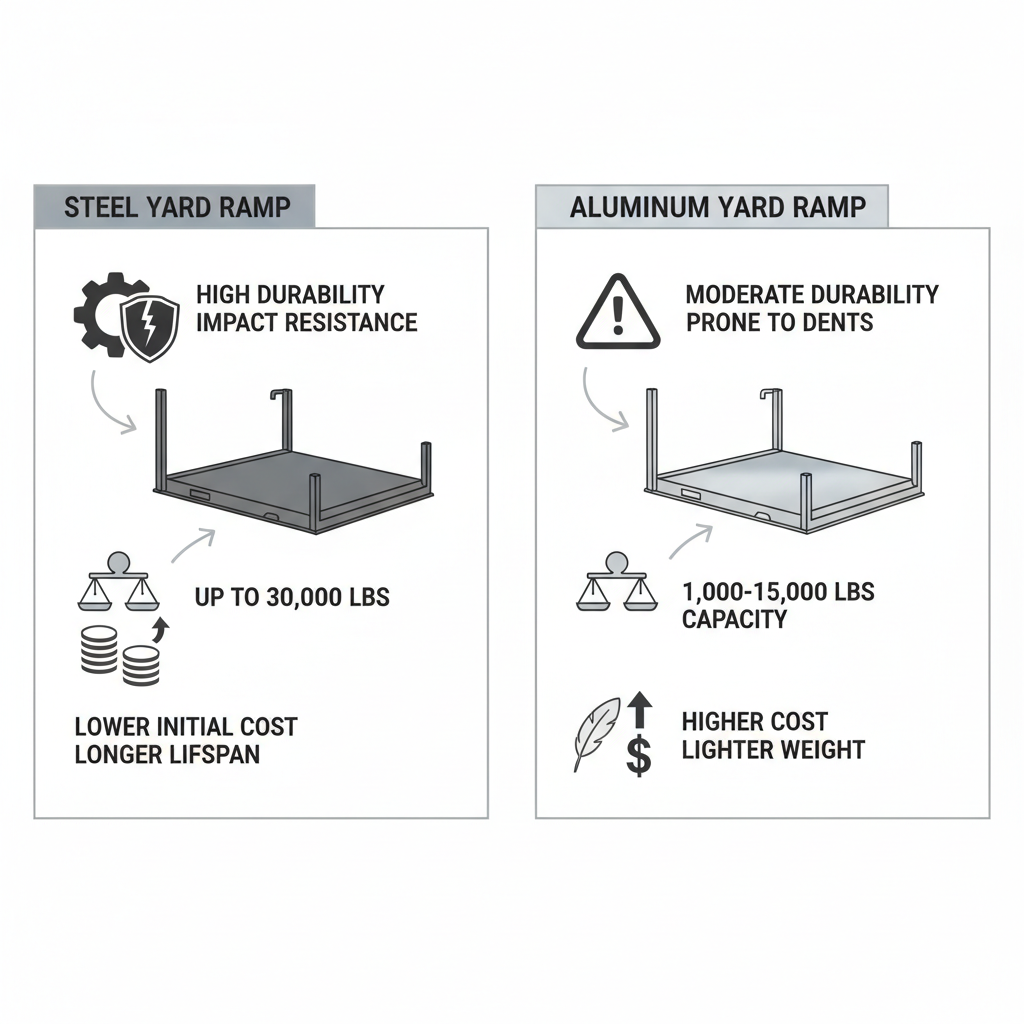 Infographic comparing steel and aluminum yard ramps with icons for durability, capacity, and cost.