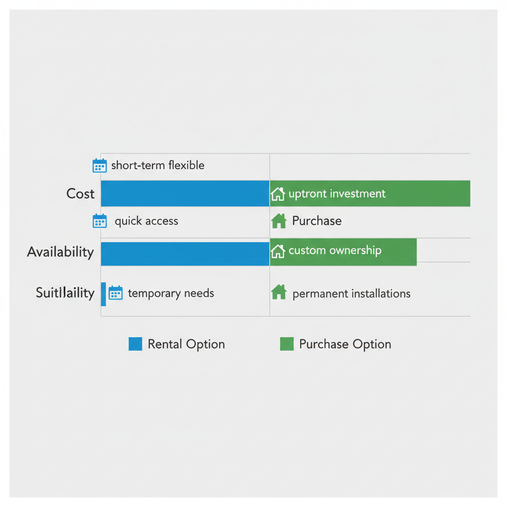 Bar chart comparing rental and purchase options for forklift yard ramps across cost, availability, and suitability with icons and color coding.