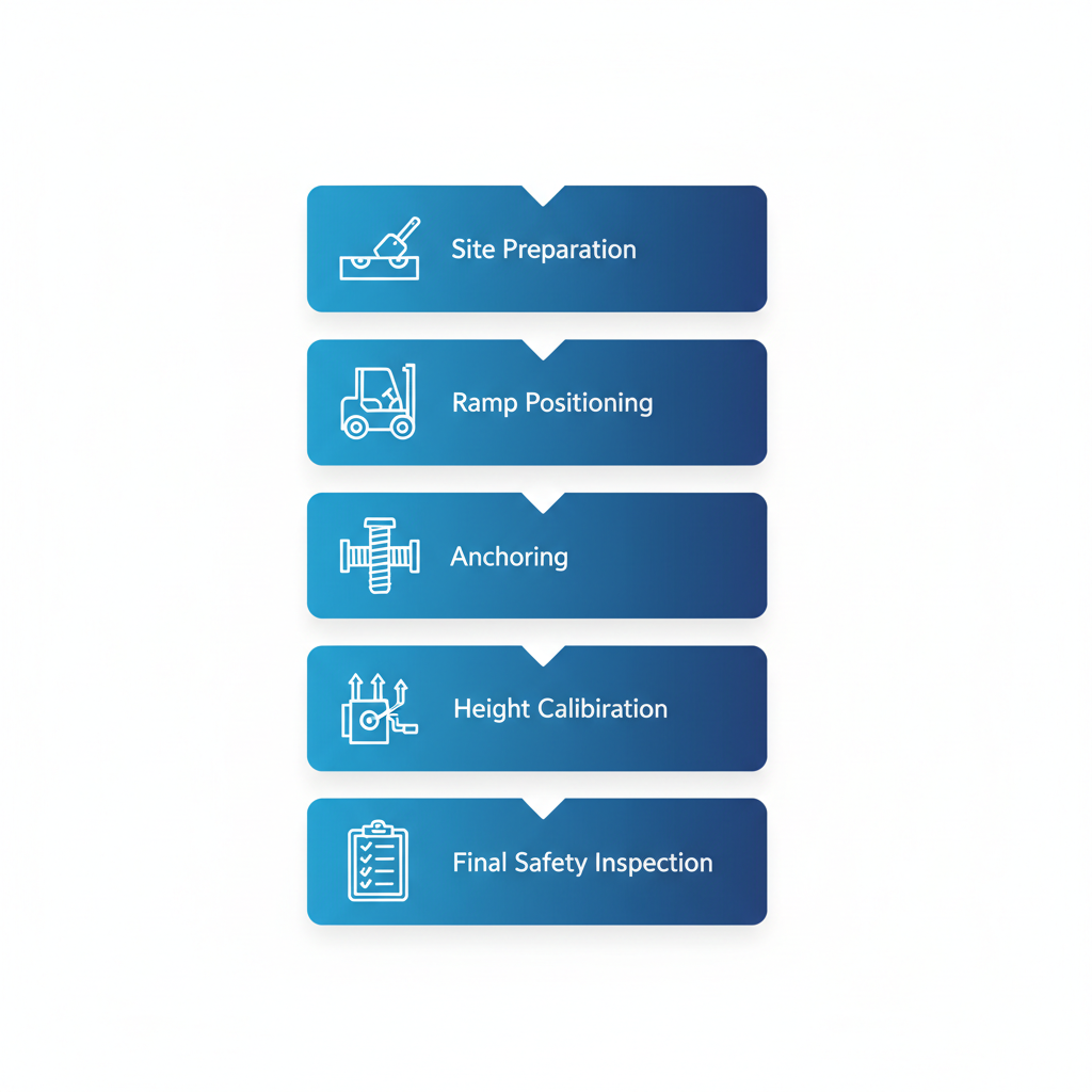 Vertical process flow diagram showing five installation stages for forklift dock ramps with icons and brief labels.
