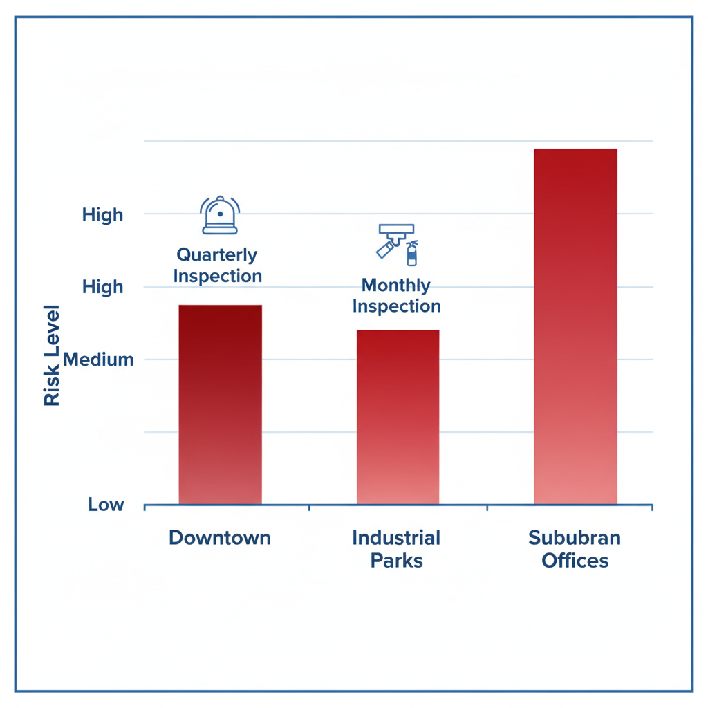 Bar chart showing fire risk levels in Arvada zones: Downtown, Industrial Parks, and Suburban Offices, with relevant safety icons and inspection notes.