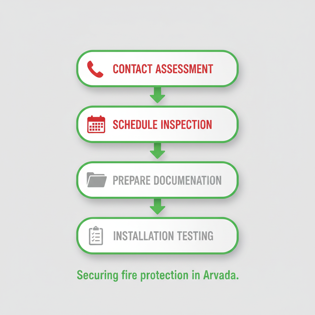 Vertical process flow diagram showing four steps to secure fire protection in Arvada with icons and connections