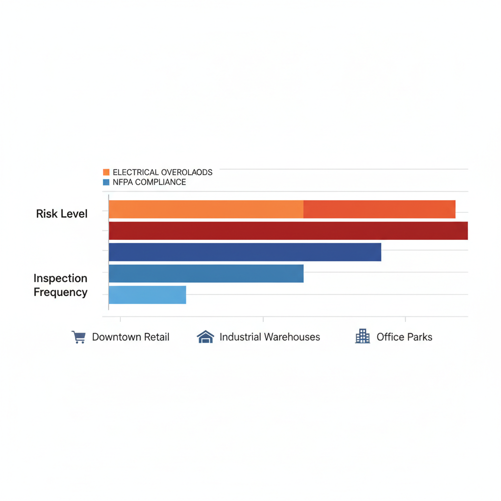 Horizontal bar chart showing fire risk levels and inspection frequencies for Arvada commercial zones including retail, industrial, and offices.