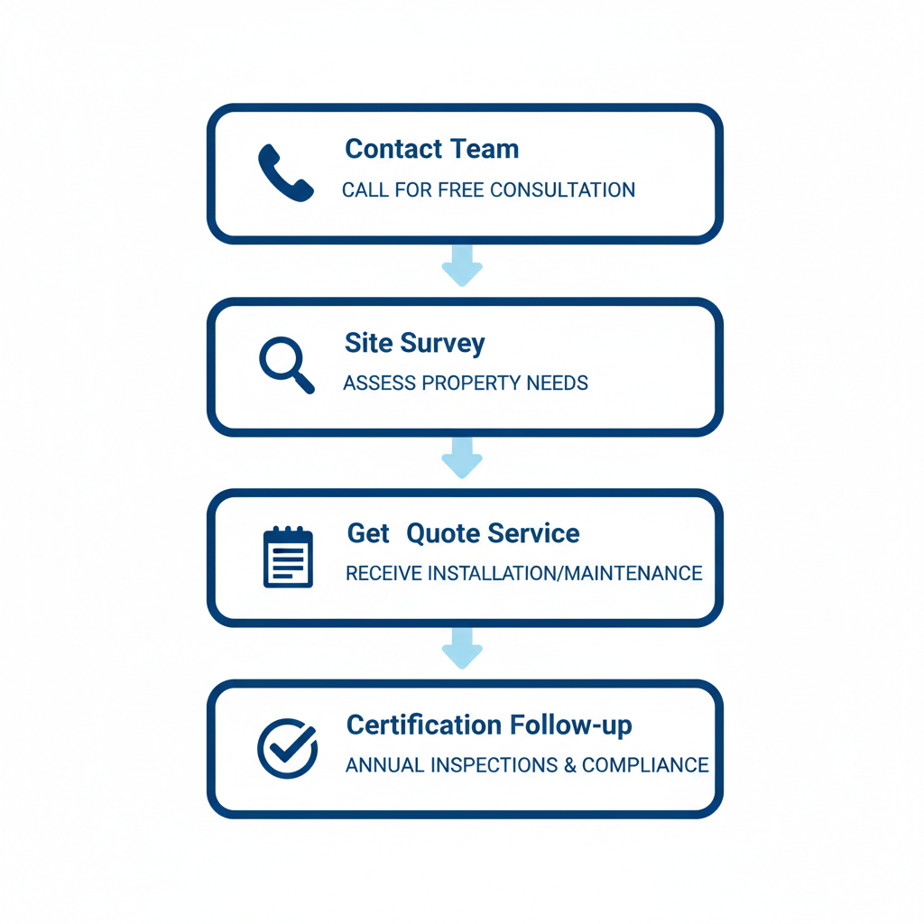 Vertical process flow diagram showing five steps to start fire protection services with icons and minimal labels.