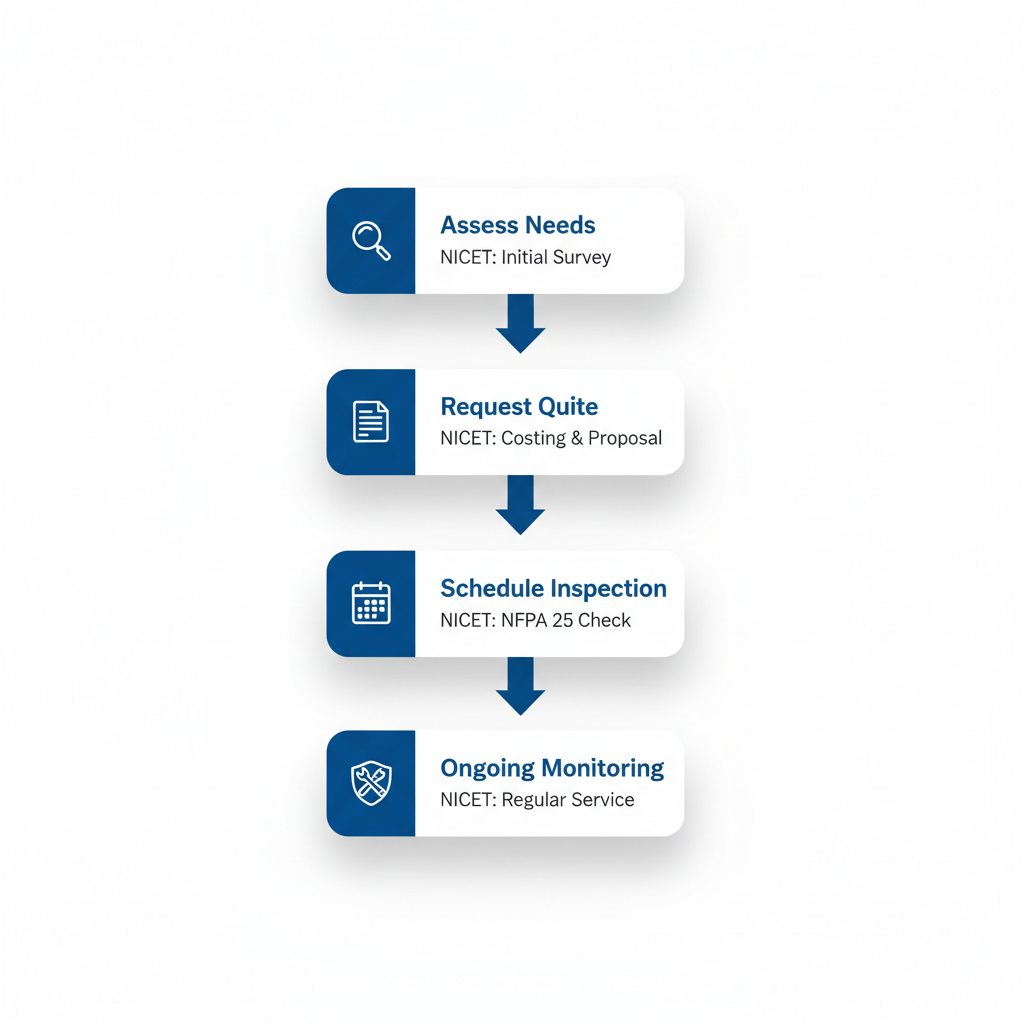 Vertical process flow diagram showing five steps for starting fire protection services with icons and blue arrows.