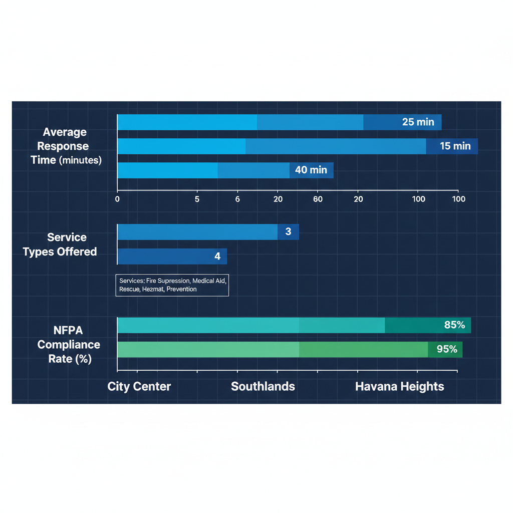 Horizontal bar charts comparing fire response times, service types, and NFPA compliance rates across Aurora neighborhoods: City Center, Southlands, and Havana Heights.