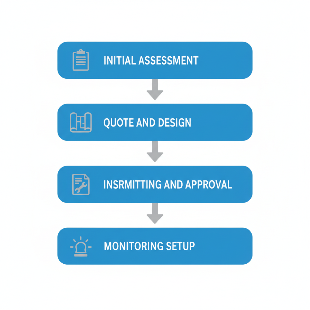 Vertical process flow diagram outlining five steps for starting commercial fire protection projects in Aurora, Colorado