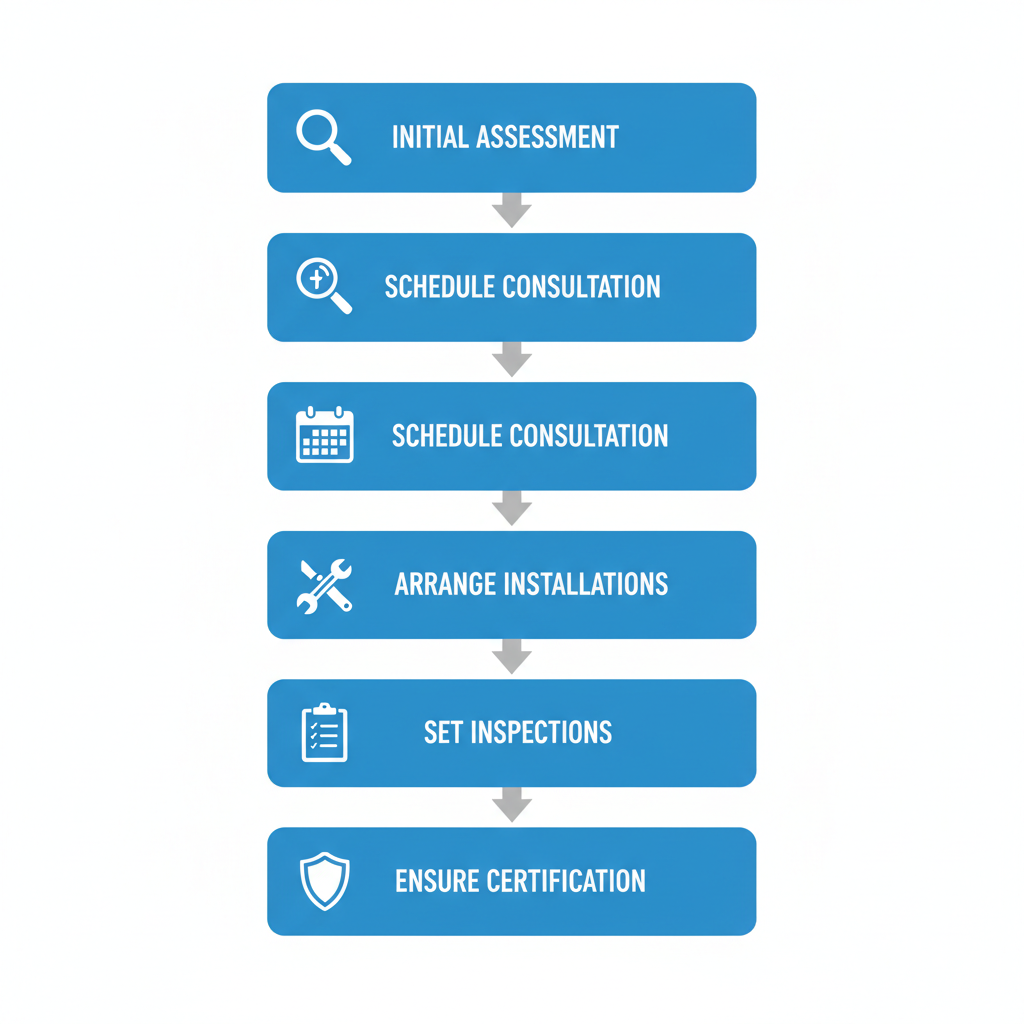 Vertical process flow diagram showing five steps to start fire protection services in Arvada with icons and arrows