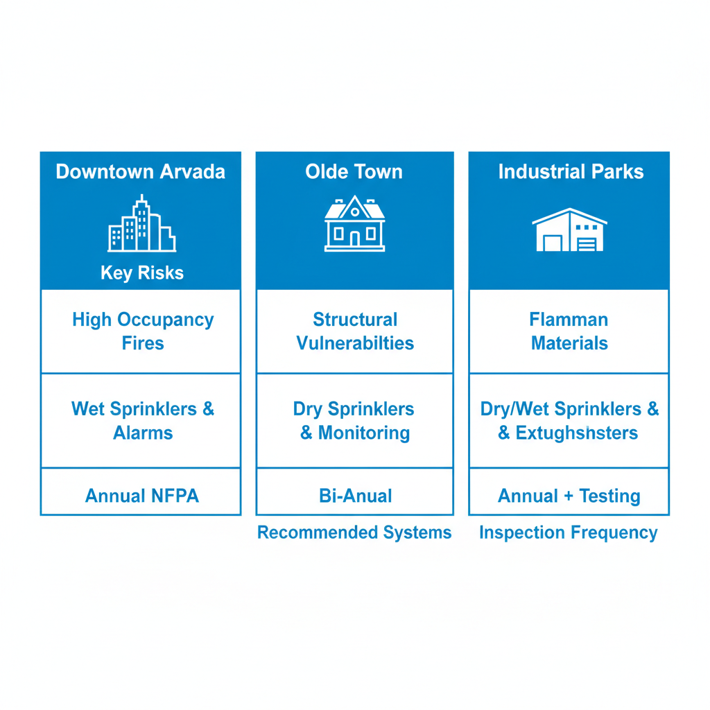 Infographic comparing fire protection risks, systems, and inspection frequencies across Arvada commercial districts