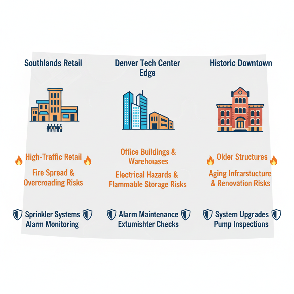 Three-column infographic comparing fire risks and protective services in Aurora's Southlands, Denver Tech Center Edge, and Historic Downtown districts.