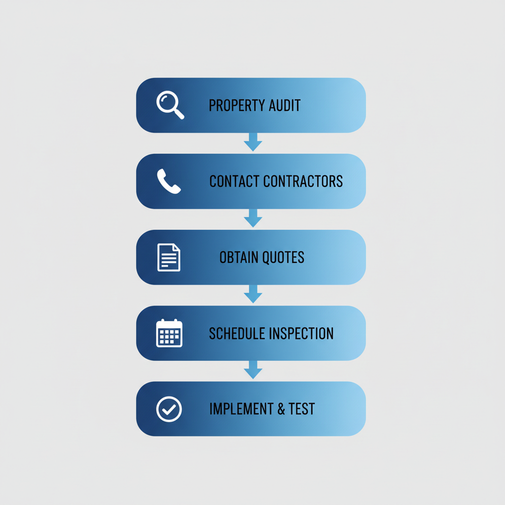Vertical process flow diagram illustrating five steps to begin fire protection upgrades in Aurora with icons.