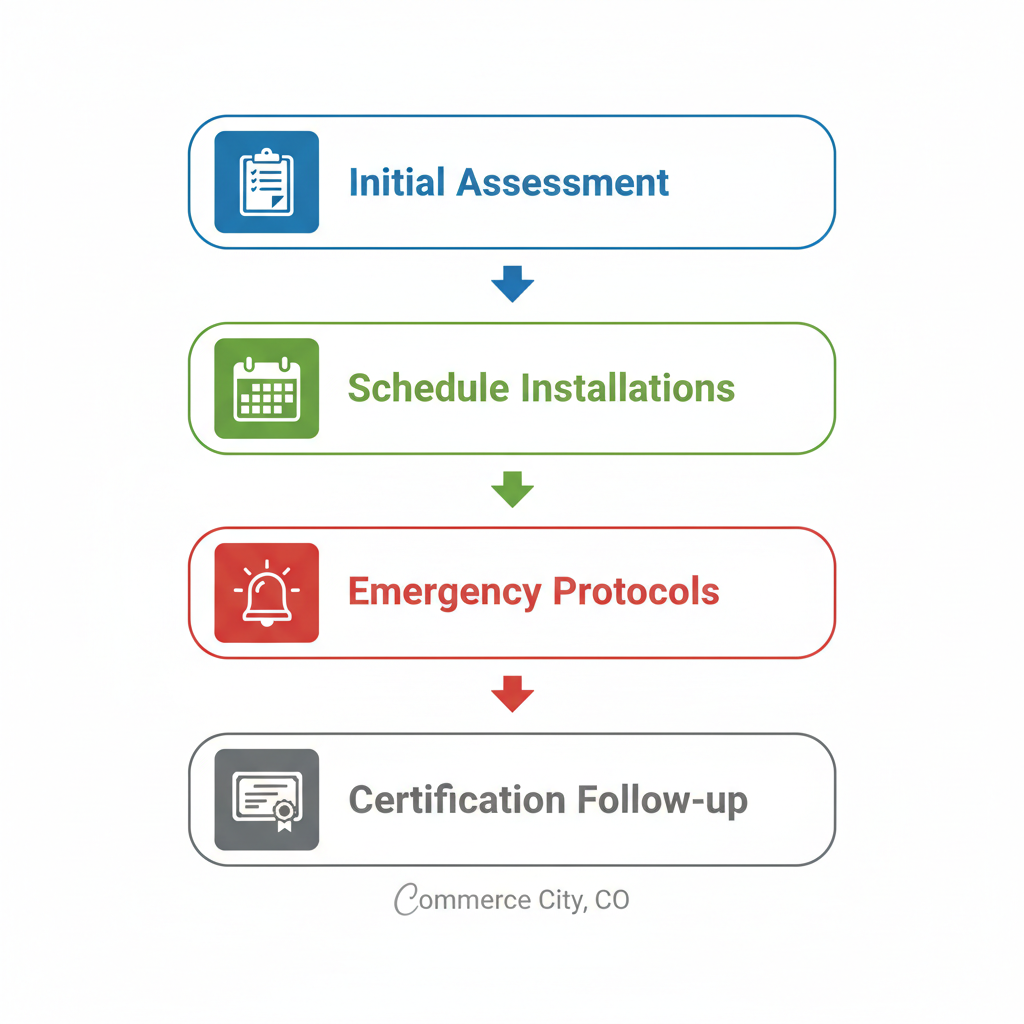 Vertical process flow diagram illustrating four stages of starting fire protection services: initial assessment, scheduling installations, emergency protocols, and certification follow-up in Commerce City, Colorado.