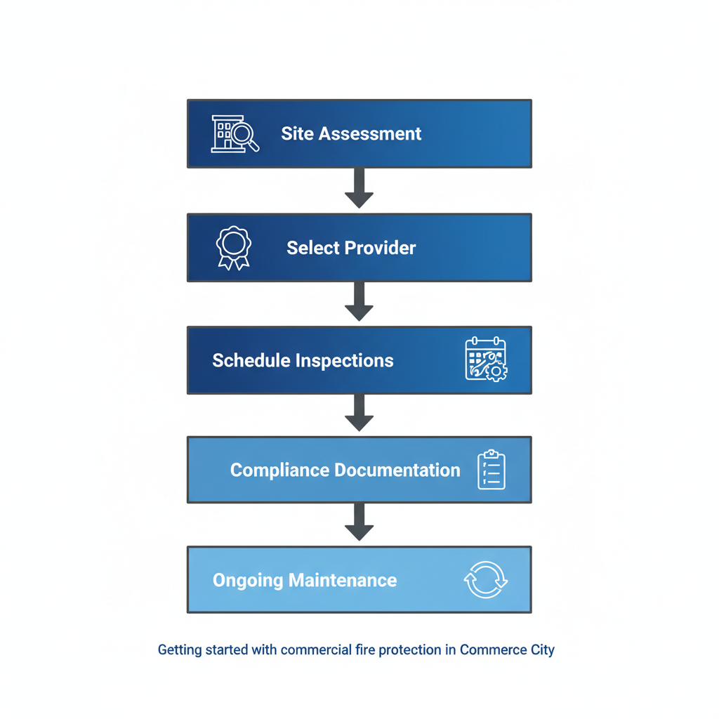 Vertical process flow diagram illustrating five key steps for initiating commercial fire protection services in Commerce City