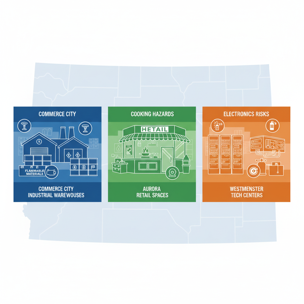 Infographic showing commercial fire safety comparisons between Commerce City, Aurora, and Westminster with color-coded icons for hazards and systems