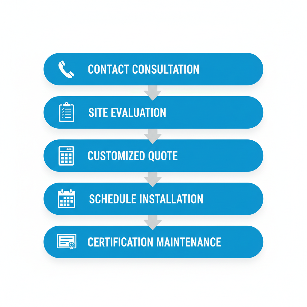 Vertical process flow diagram showing five steps to start fire protection services with icons