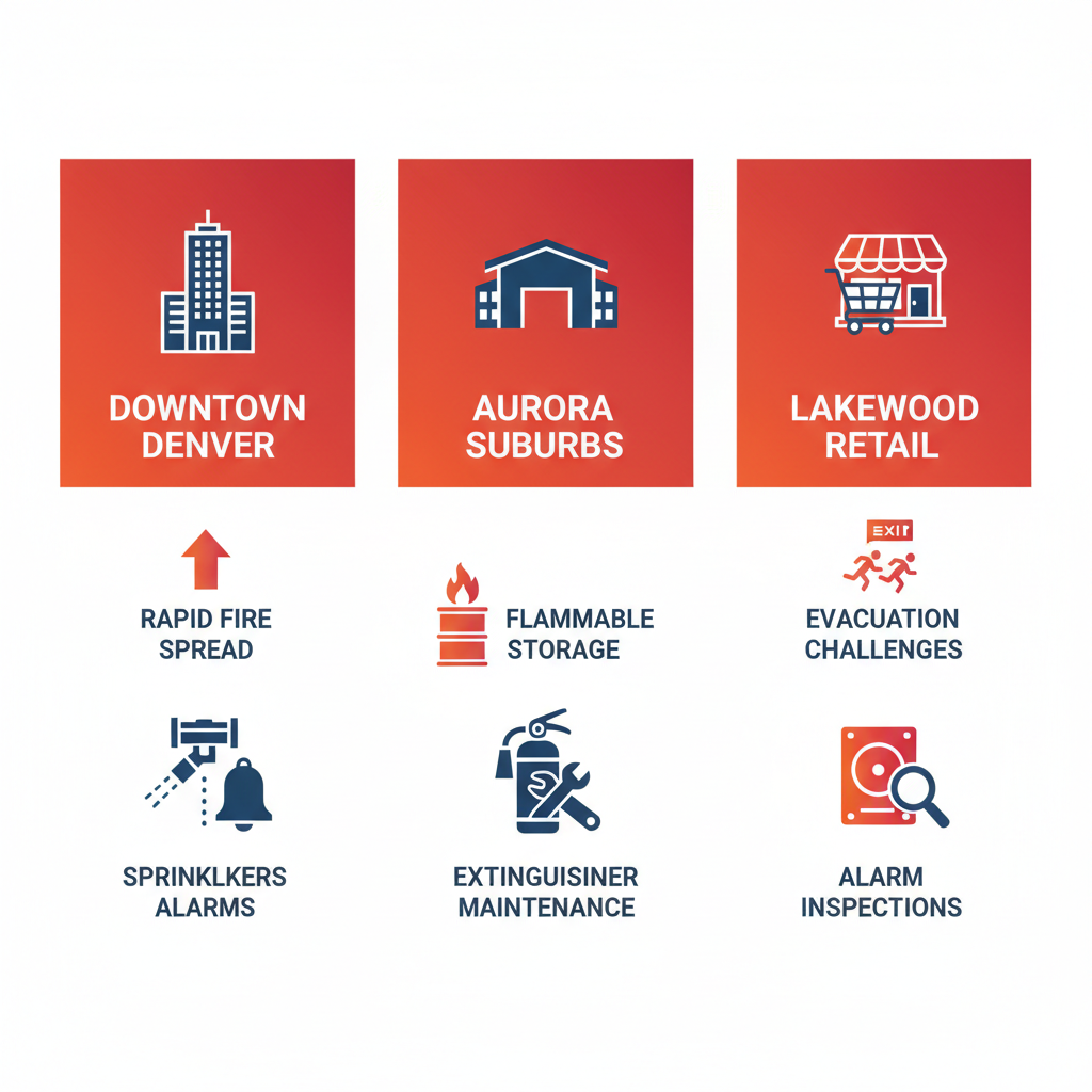Infographic comparing fire safety challenges in Downtown Denver, Aurora Suburbs, and Lakewood Retail areas.
