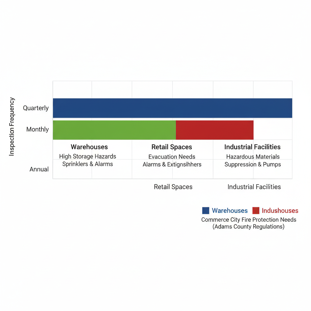 Horizontal bar chart comparing fire protection inspection frequencies for warehouses, retail spaces, and industrial facilities in Commerce City, Colorado.