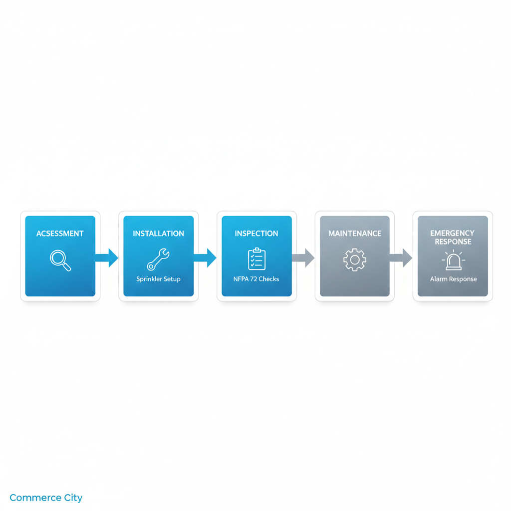 Horizontal process flow diagram showing five key steps in commercial fire protection services: assessment, installation, inspection, maintenance, and emergency response, with icons and brief labels.