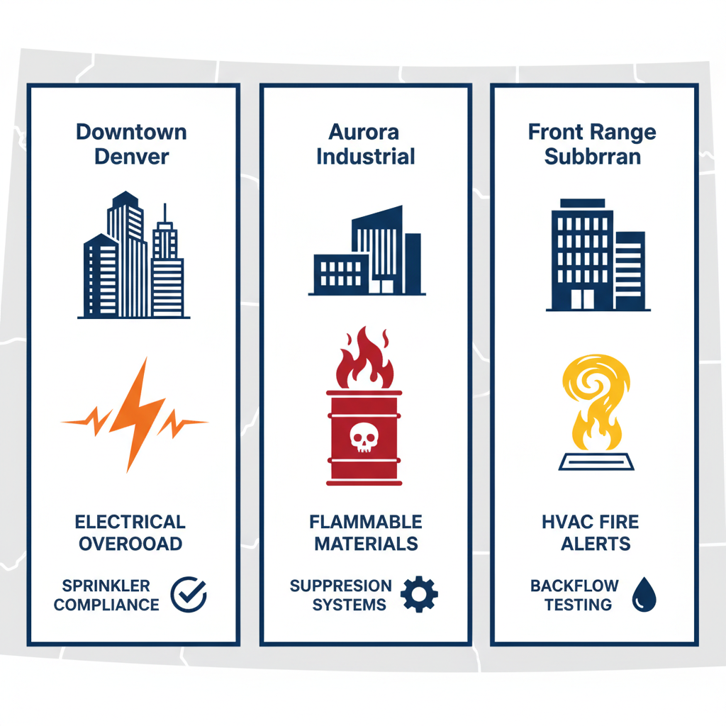 Infographic comparing fire protection requirements in Denver Metro areas: Downtown, Aurora industrial, and Front Range suburban zones.