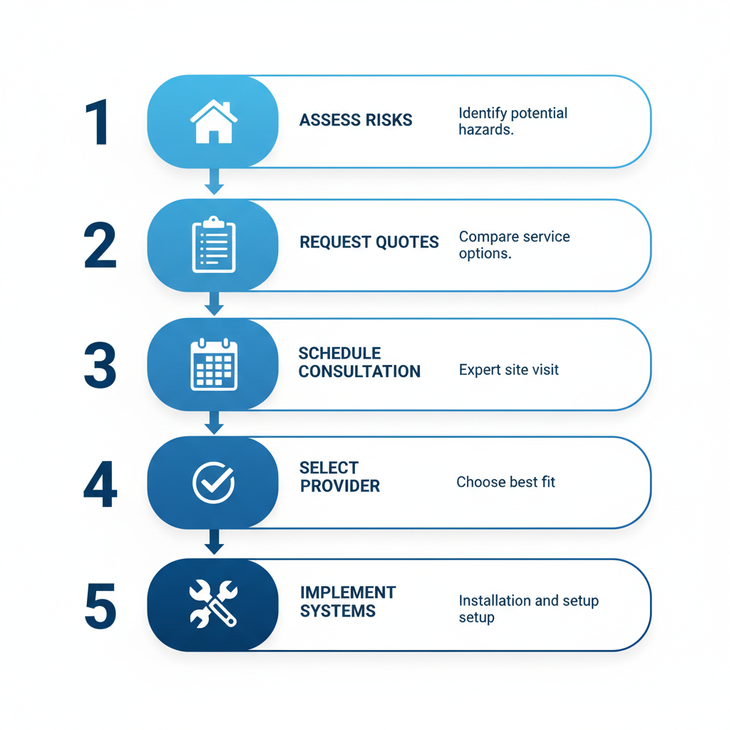 Vertical process flow diagram showing five steps to start fire protection services in Denver: assess risks, request quotes, schedule consultation, select provider, and implement systems with icons.