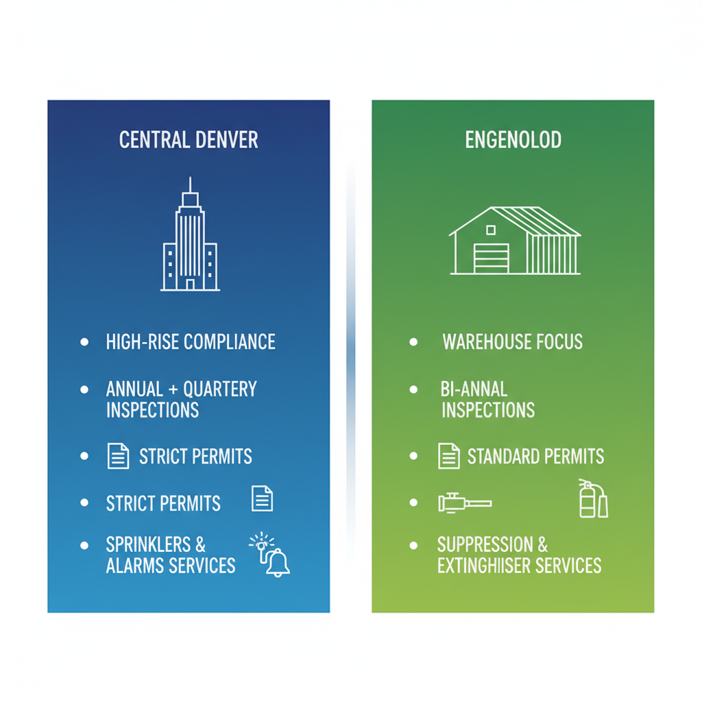 Infographic comparing fire protection requirements in Central Denver and Englewood with icons and lists.