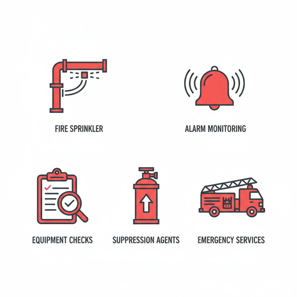 Grid of icons representing fire protection services: sprinkler installation, alarm monitoring, inspections, suppression systems, and emergency response.