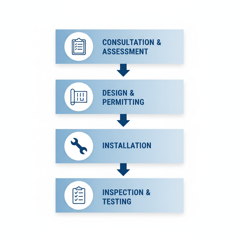 Vertical process flow illustrating four key stages of initiating fire protection solutions: consultation, design, installation, and inspection.