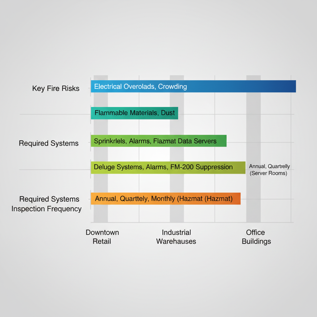 Horizontal bar chart depicting fire protection requirements including risks, systems, and inspection frequencies across Downtown Retail, Industrial Warehouses, and Office Buildings in Englewood, CO