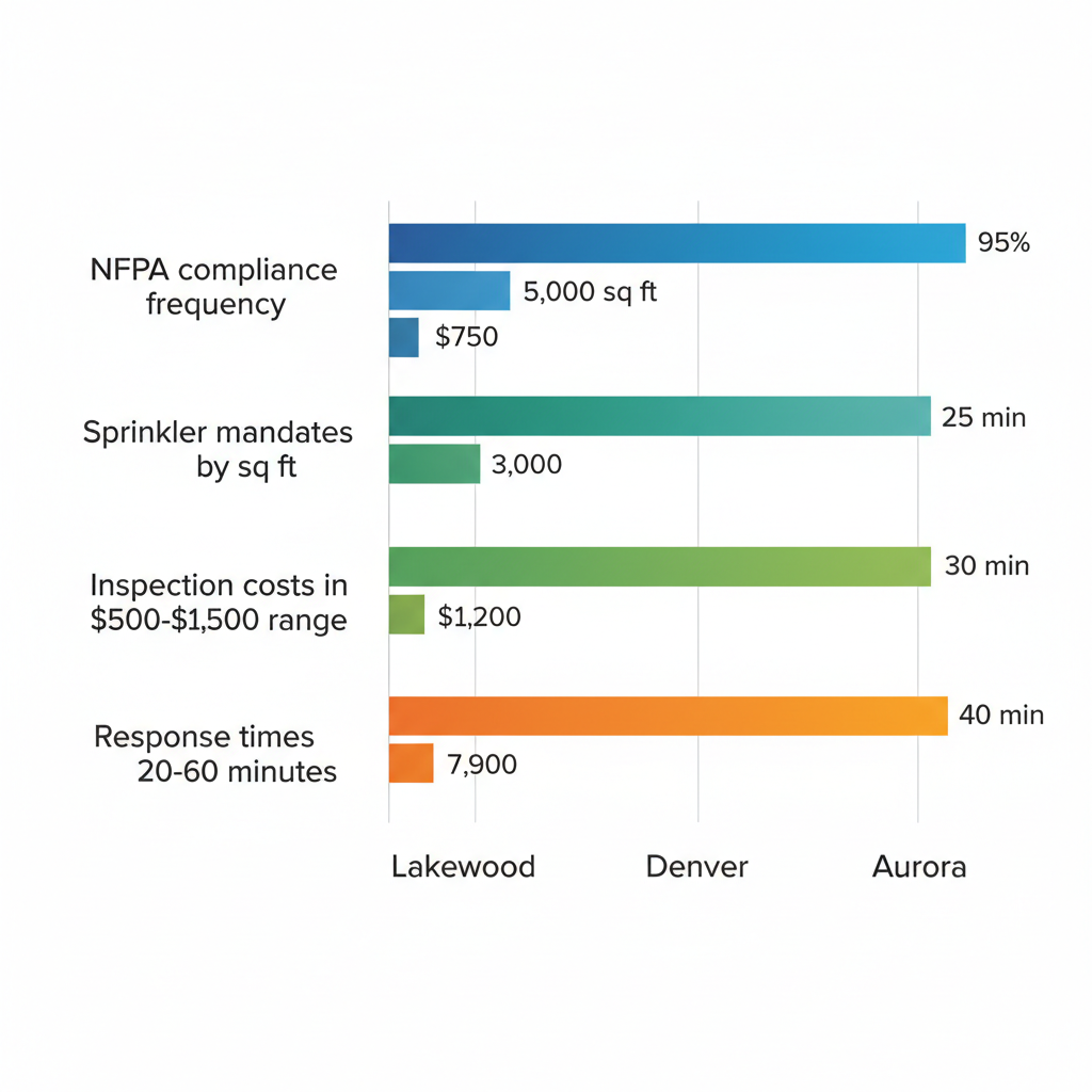 Horizontal bar chart comparing fire protection requirements in Lakewood, Denver, and Aurora, showing NFPA compliance, sprinkler mandates, costs, and response times.