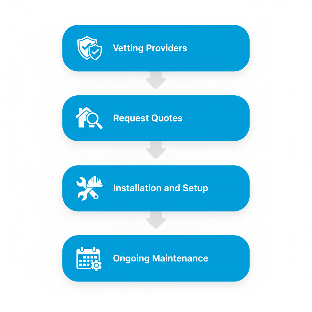 Vertical process flow diagram illustrating four steps to engage fire protection services in Lakewood