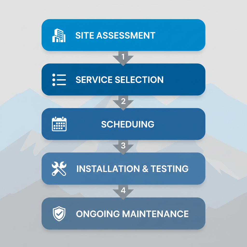 Vertical process flow diagram showing five steps for implementing fire protection in Englewood: site assessment, service selection, scheduling, installation and testing, ongoing maintenance with icons and arrows.