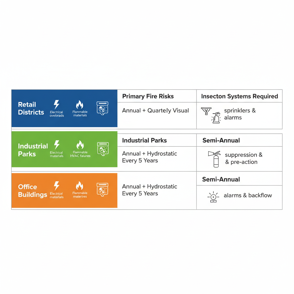 Infographic table comparing fire risks, inspection frequencies, and required systems for retail, industrial, and office zones in Lakewood, Colorado.