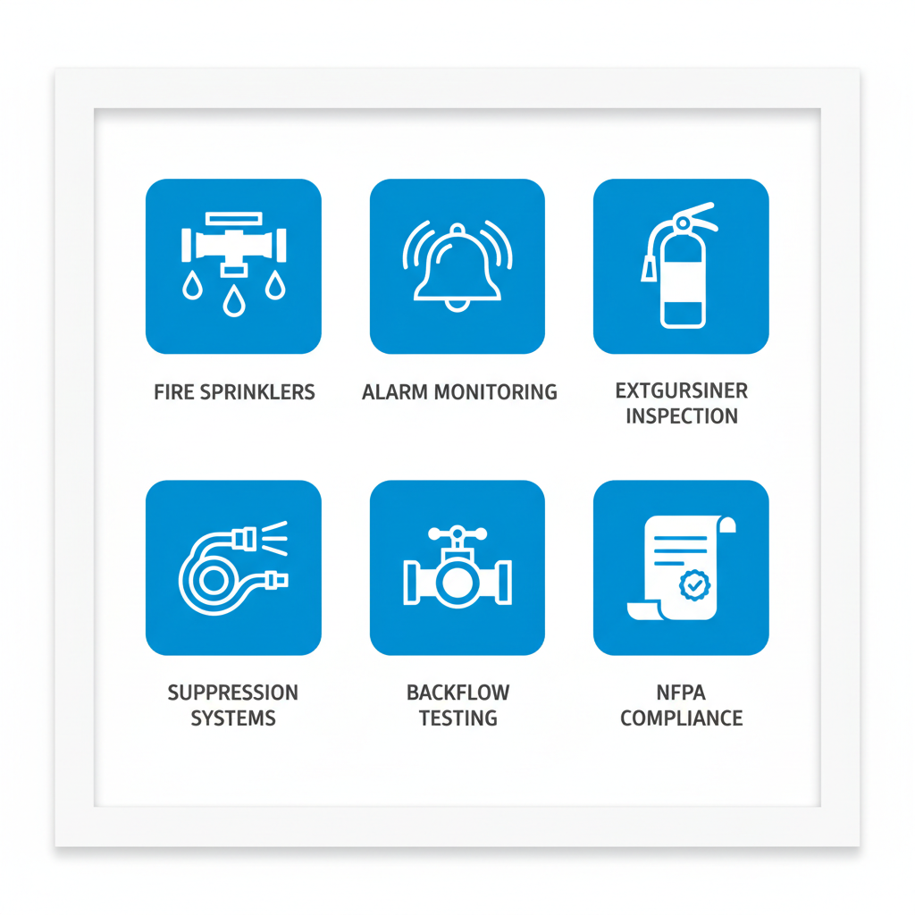 Grid of six flat blue icons representing fire protection services: sprinkler installation, alarm monitoring, extinguisher inspection, suppression system setup, backflow testing, and NFPA compliance check