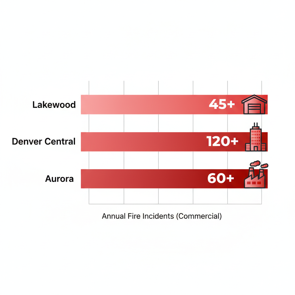 Horizontal bar chart comparing annual commercial fire incidents in Lakewood (45+), Denver Central (120+), and Aurora (60+), with hazard icons and gradient red bars.