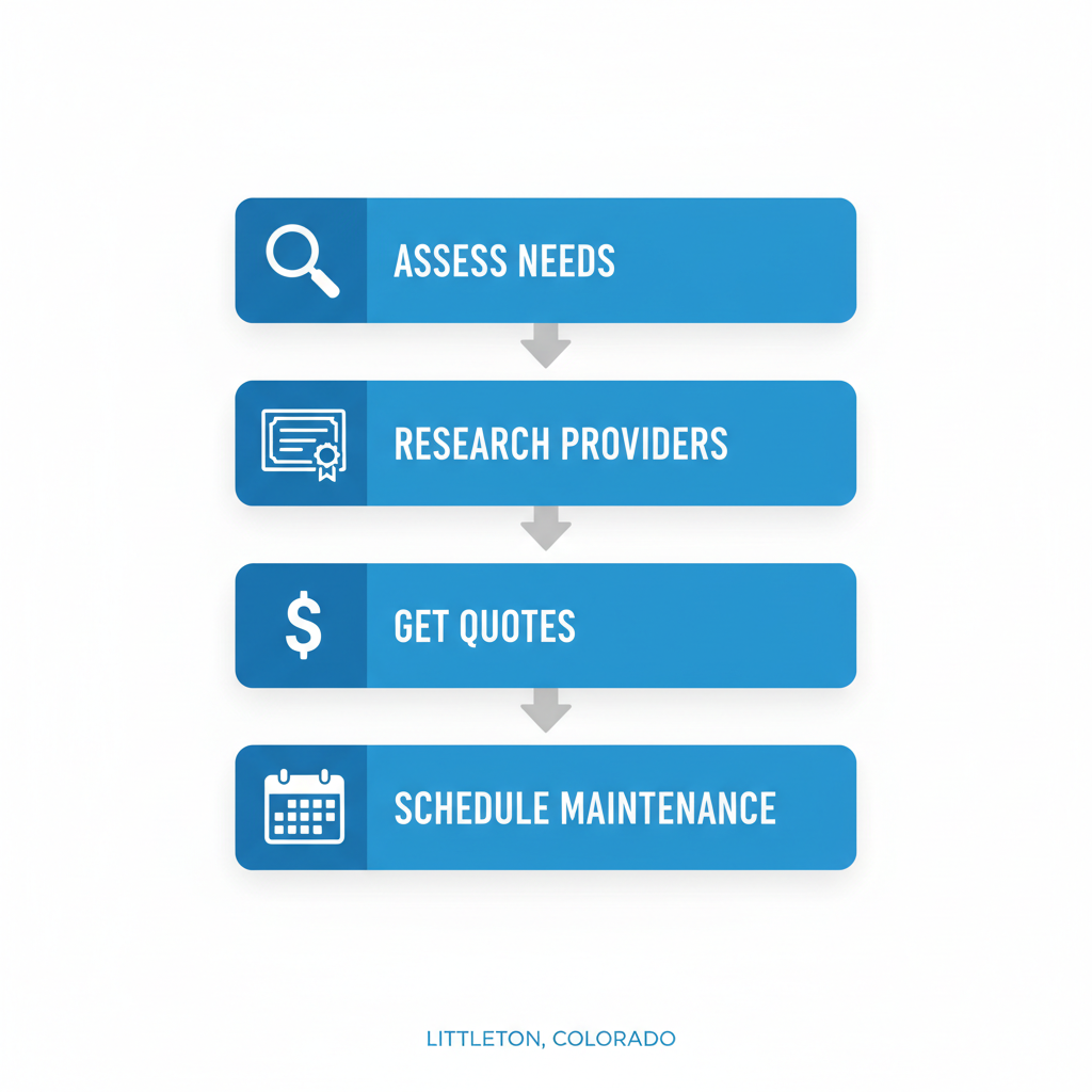 Vertical process flow diagram illustrating four steps to secure fire protection in Littleton: assess property needs, research certified providers, get installation quotes, and schedule maintenance.