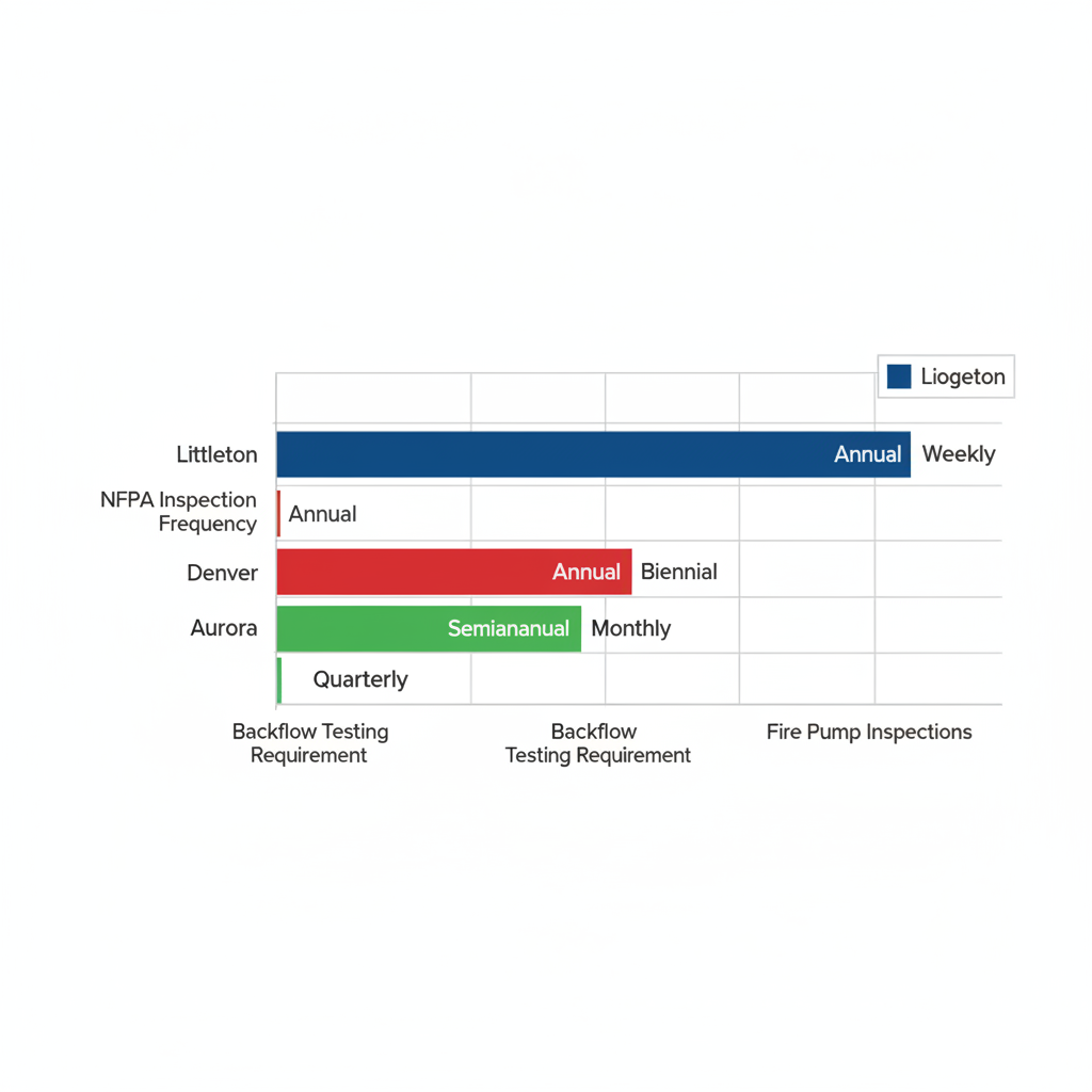 Horizontal bar chart illustrating comparisons of NFPA inspection frequency, backflow testing, and fire pump inspections requirements in Littleton, Denver, and Aurora.