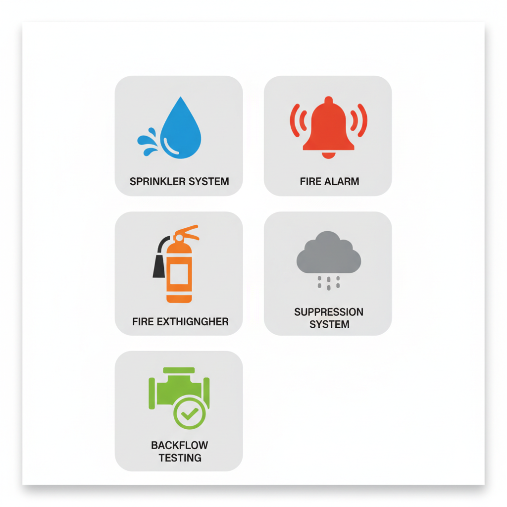 Grid of five flat icons representing fire protection services: sprinkler, alarm, extinguisher, suppression, and backflow testing
