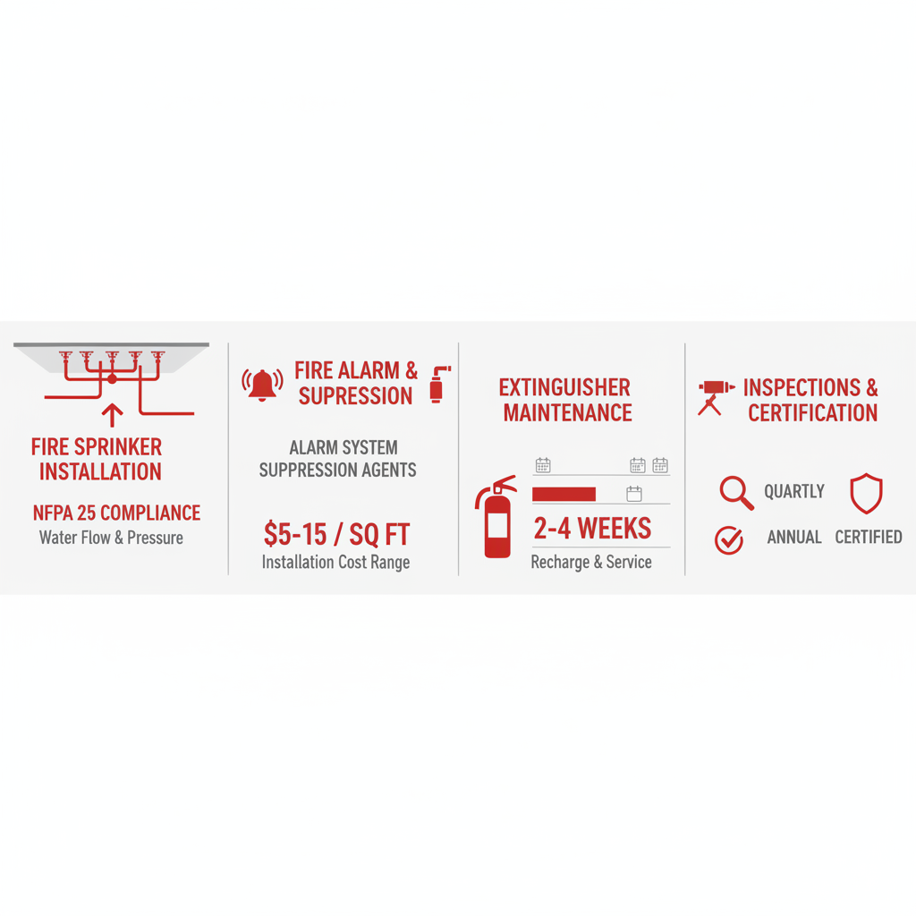 Infographic showing fire protection services like sprinkler installation, alarm monitoring, suppression systems, extinguisher maintenance, and inspections with costs and timelines