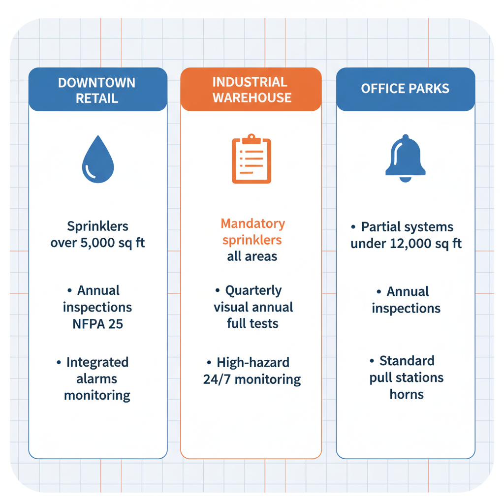 Infographic illustrating comparison of fire protection requirements in Northglenn commercial zones including retail, warehouse, and offices with icons and key metrics.