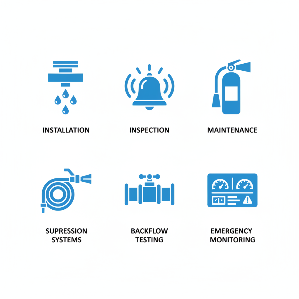Grid of icons depicting fire protection services including sprinklers, alarms, extinguishers, suppression systems, backflow testing, and monitoring.