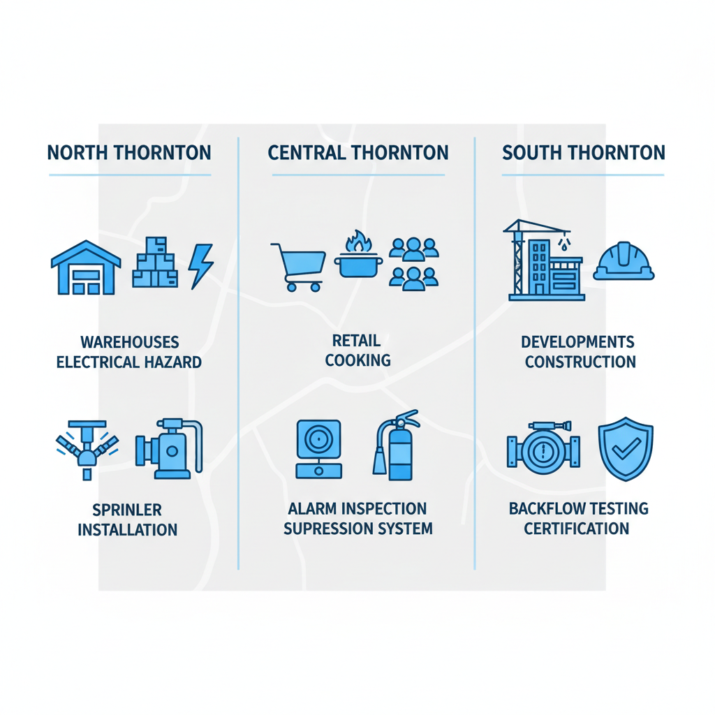 Infographic comparing fire risks and safety measures in North, Central, and South Thornton areas