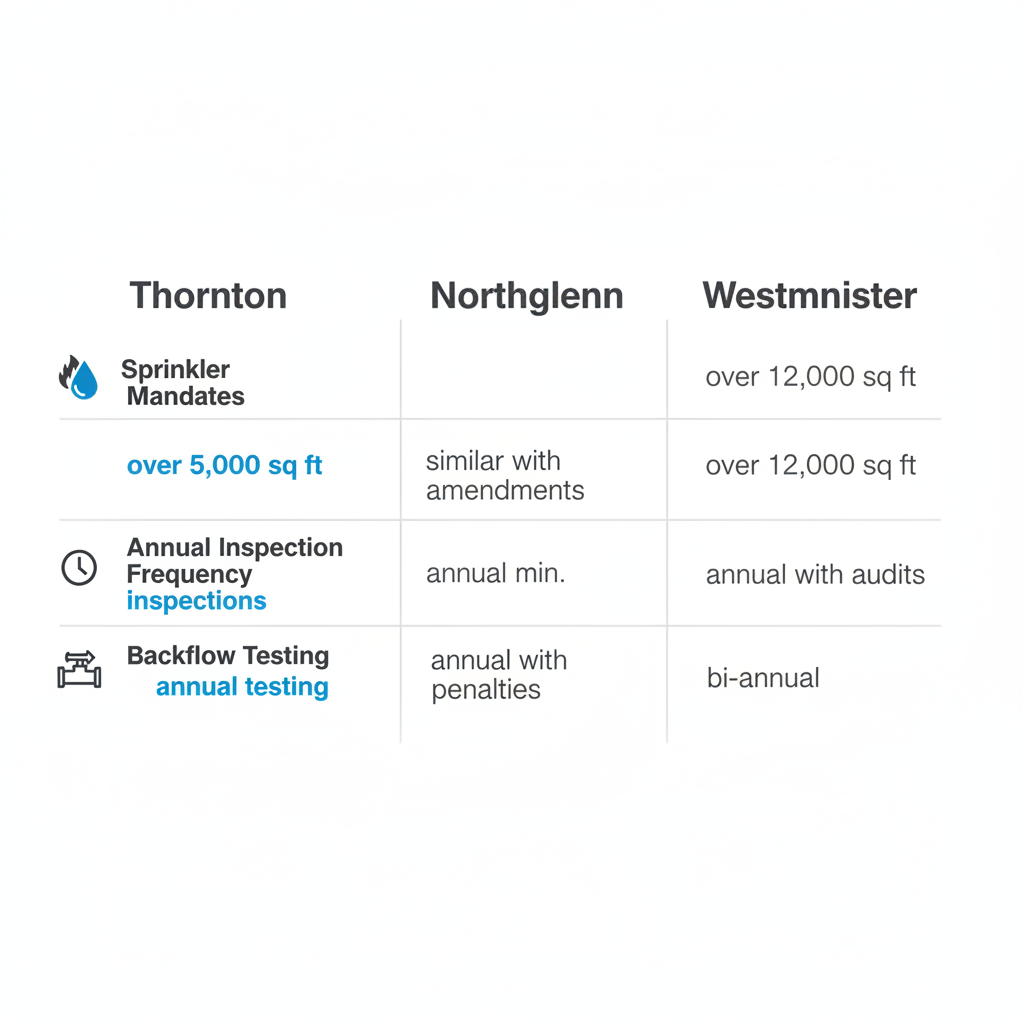 Infographic comparing fire code requirements for sprinklers, inspections, and backflow testing across Thornton, Northglenn, and Westminster in Denver Metro area