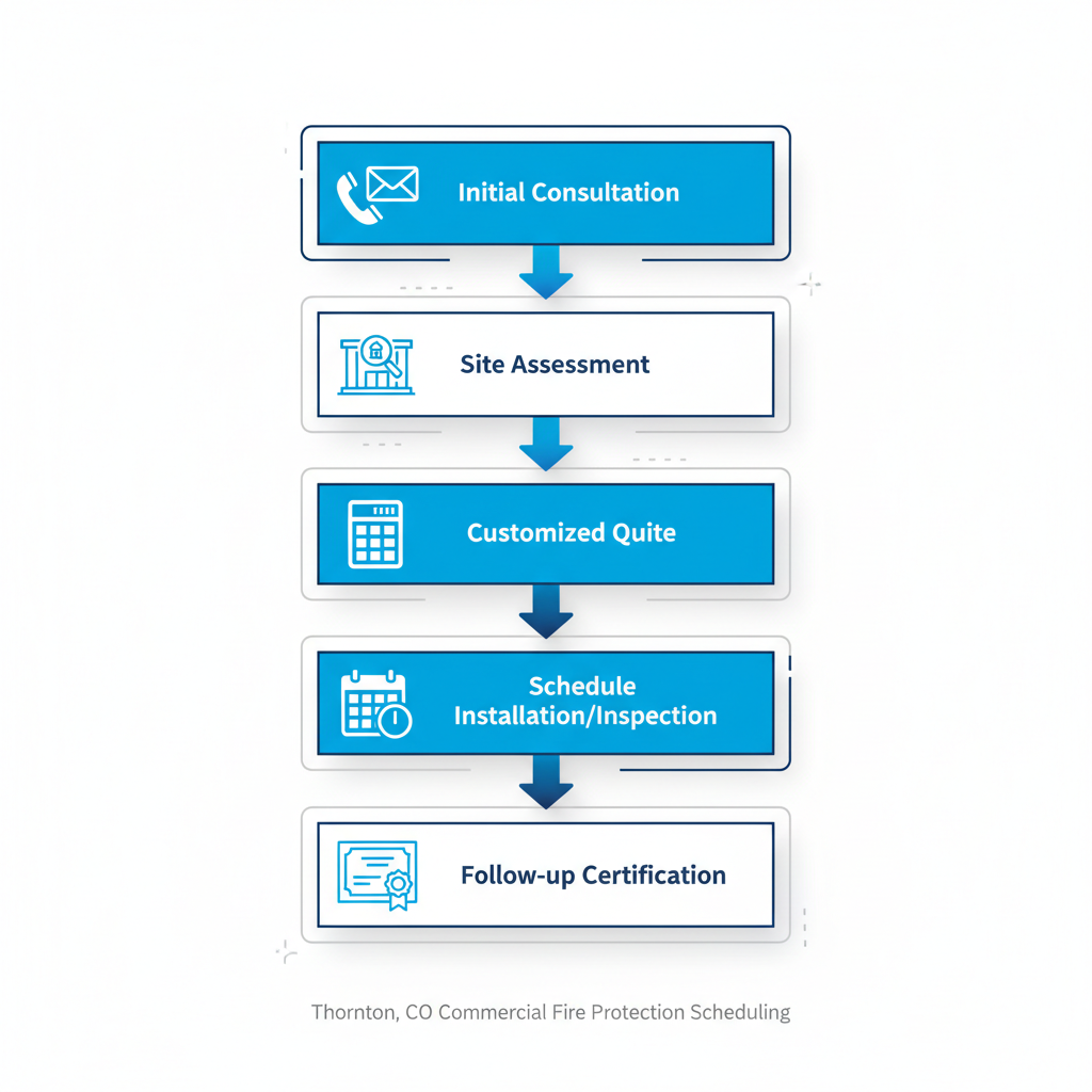 Vertical process flow diagram illustrating the five steps to schedule fire protection services